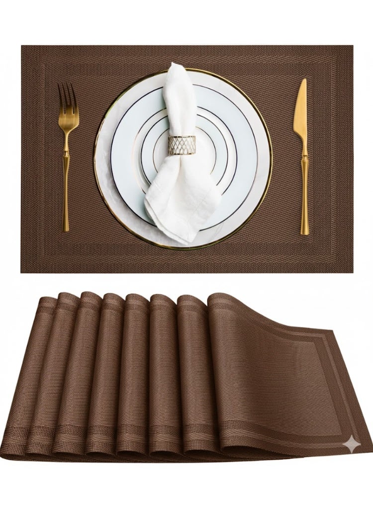 ablieve Brown Vinyl Placemats Set of 8 - Heat Resistant, Easy Clean Woven PVC Table Mats for Dining - Image 1